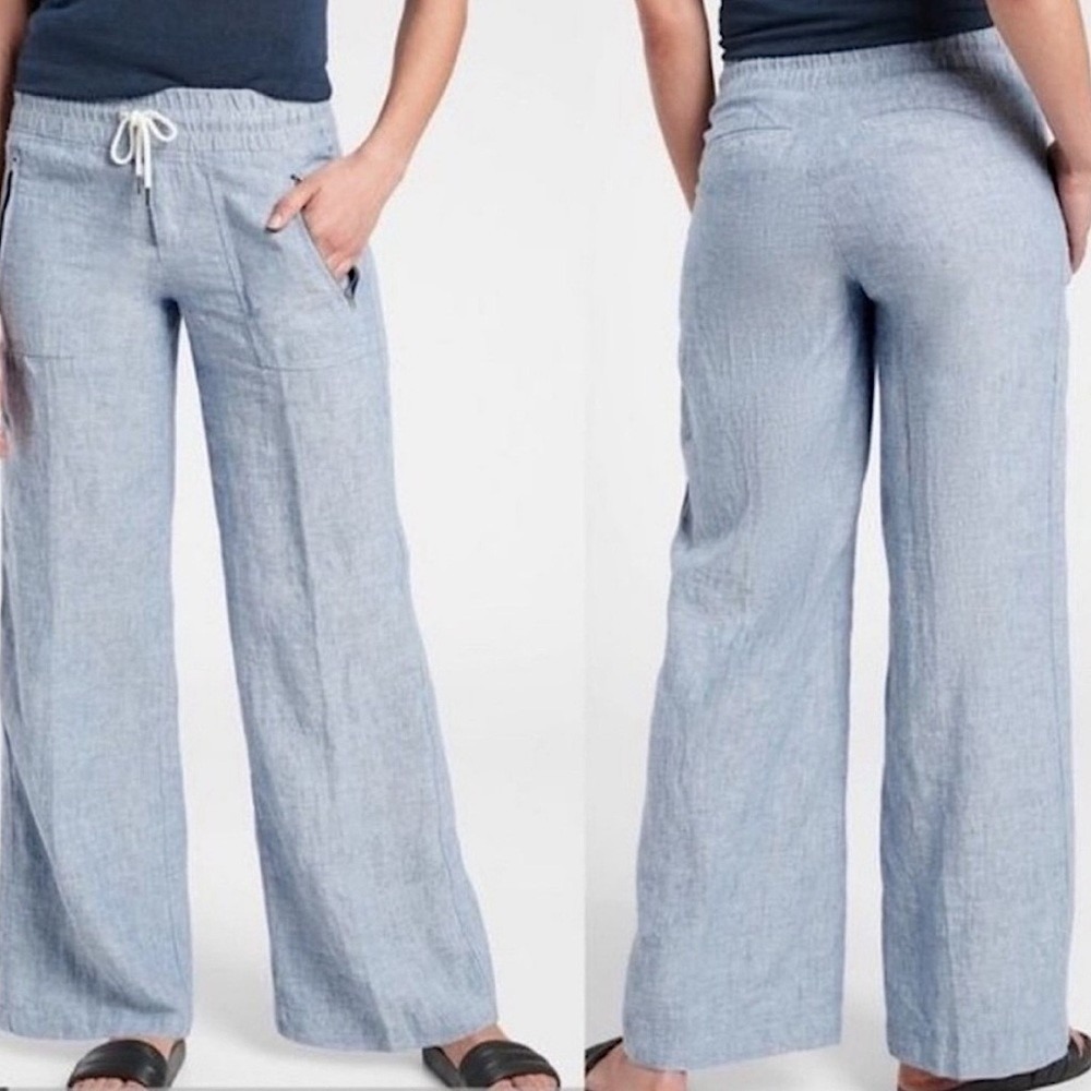 Athleta Cabo Linen Wide Leg Pull On Pants Drawstring Blue 12 Tall 12T